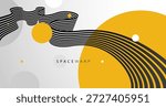 Vector abstract background with curve lines in 3D perspective and bright yellow circles, road look like tape with stripes, dynamic speed and motion.