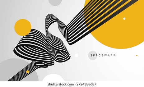 Fondo abstracto de Vector con líneas curvas en perspectiva 3D y círculos amarillos brillantes, el camino se ve como cinta con rayas, velocidad dinámica y movimiento.