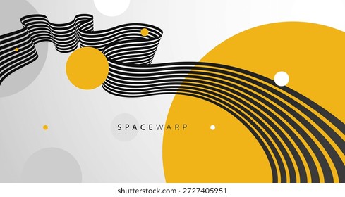 Vetor fundo abstrato com linhas de curva em perspectiva 3D e círculos amarelos brilhantes, estrada olhar como fita com listras, velocidade dinâmica e movimento.