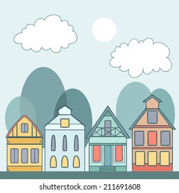 Vector abstract background with cute cottage houses, trees and clouds