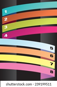 Vector abstract background design with colorful numbered banners for copy space across page. Art elements isolated on black background