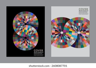Vector abstract background design featuring colorful circular patterns arranged in an infinity or loop shape. For cover, poster, digital artwork, creative projects.