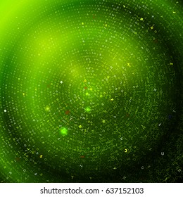 Vector abstract background with dispersed letters on dark green background.