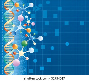 vector abstract background with DNA curve and color molecules