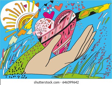 vector abstract  background with drawn textures,geometric, heart, head, sun. 
Memphis style. Retro design, fashion art. Universal modern design for poster, card, invitation, colorful illustration