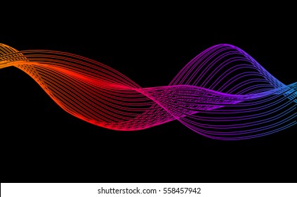 Vector abstract background. Dynamic wave flow of bright colored lines, on black background.
