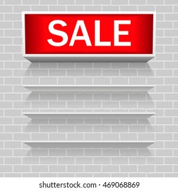 Vector abstract background. The empty space on the shelf. Eps 10. Sale. Warning board message is lit. Discount.