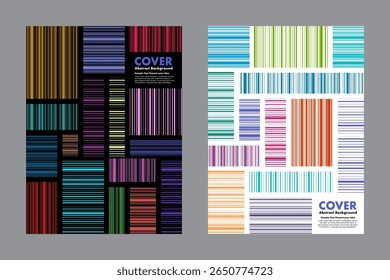 Vector abstract background featuring colorful line patterns arranged in modular blocks. Inspired by barcode aesthetics with a playful twist perfect for business covers, digital artwork, and posters.