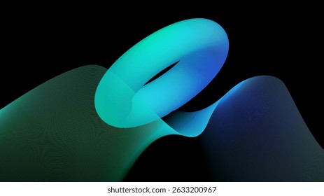 Vector abstract background featuring a glowing 3D ring in vibrant cyan and blue tones combined with elegant flowing wave lines, resembling the aurora borealis effect.