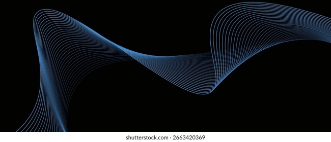 A vector abstract background featuring smooth, wavy, flowing light lines in glowing blue tones against a deep black backdrop. Perfect for modern designs, digital wallpapers, technology themes, motion 