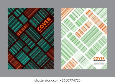 Vector abstract background featuring two tone color line patterns arranged in modular blocks. Inspired by barcode aesthetics with a playful twist perfect for covers, digital artwork, and posters.