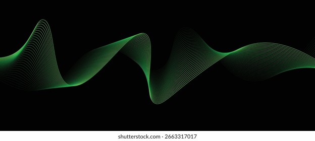 A vector abstract background featuring wavy, flowing light lines in vibrant green tones over a deep black backdrop. Perfect for modern designs, digital wallpapers, technology themes, motion graphics, 