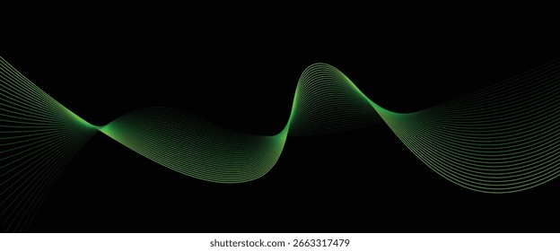 A vector abstract background featuring wavy, flowing light lines in vibrant green tones over a deep black backdrop. Perfect for modern designs, digital wallpapers, technology themes, motion graphics, 