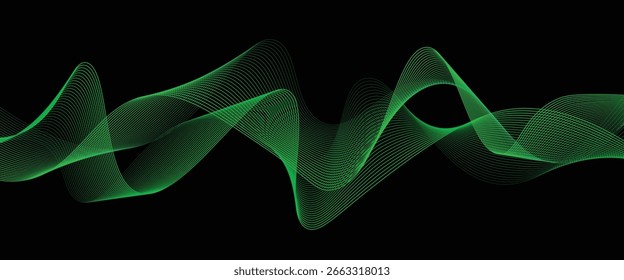 A vector abstract background featuring wavy, flowing light lines in vibrant green tones over a deep black backdrop. Perfect for modern designs, digital wallpapers, technology themes, motion graphics, 