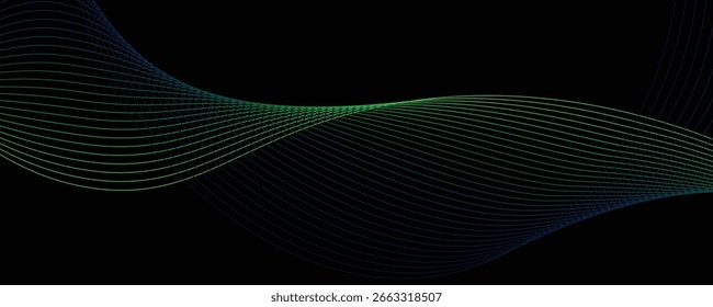 A vector abstract background featuring wavy, flowing light lines in vibrant green tones over a deep black backdrop. Perfect for modern designs, digital wallpapers, technology themes, motion graphics, 