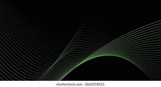 A vector abstract background featuring wavy, flowing light lines in vibrant green tones over a deep black backdrop. Perfect for modern designs, digital wallpapers, technology themes, motion graphics, 