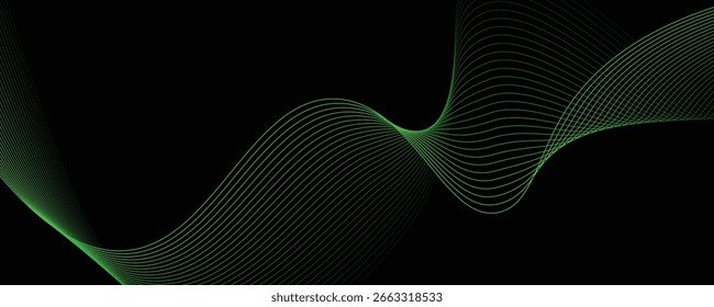 A vector abstract background featuring wavy, flowing light lines in vibrant green tones over a deep black backdrop. Perfect for modern designs, digital wallpapers, technology themes, motion graphics, 