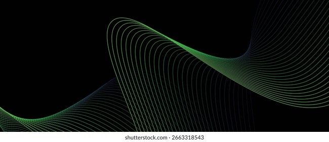 A vector abstract background featuring wavy, flowing light lines in vibrant green tones over a deep black backdrop. Perfect for modern designs, digital wallpapers, technology themes, motion graphics, 