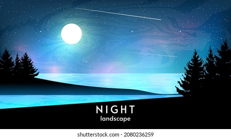 Abstrakter Vektorhintergrund.  Waldsilhouetten. Helle Illustration für Concept Design. Mond mit Sternen und Fluss, Meer oder Ozean. Flacher Stil. Schön für Tapete-Design.