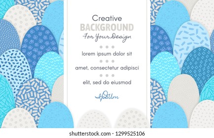 Vector abstract background with frame in centre and hand drawn textured arc shapes. It looks like hills or squama. Freehand style. Header, mailing, banner, adversting, invitation, label, certificate