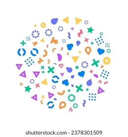 Vector abstract background frame of geometric shapes. Pattern of dots, hearts, triangles, stars, particles, molecules, fragments. Poster for technology, medicine, presentations, business.