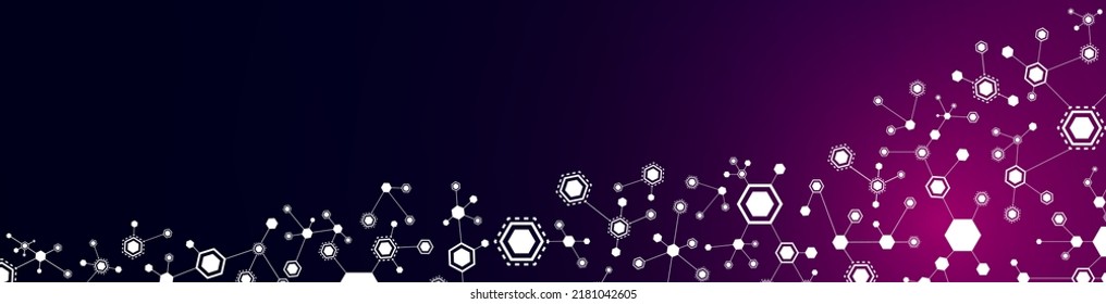 Vector abstract background frame. Pattern of connected hexagons. Structure of molecule. Stars. Digital communication. Data cells. Poster for technology, medicine, business.	
