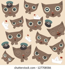 Vector abstract background with funny cats. Sea and sailor theme.