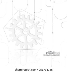 Vector abstract background with gear wheel, geometric shapes and dotted lines. schematic representation technical data.
