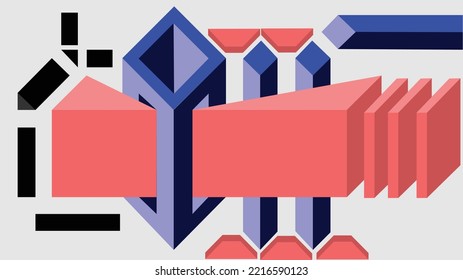 Vector abstract background. Geometric 3d objects. Shading, triangles, squares and rectangles. Objects in shades of blue and red. For objects of a single color background.