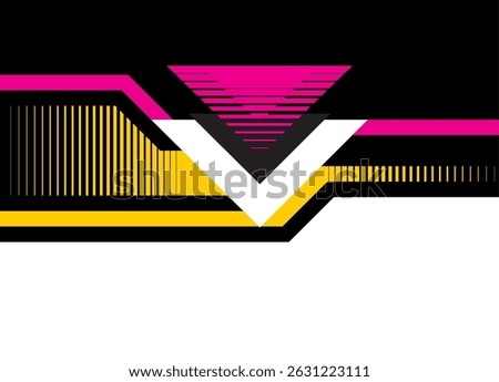 Vector abstract background of geometric shapes in pink, yellow and black colors. For sports, advertising, packaging, posters, sportswear. Striped design element. Triangle, arrow