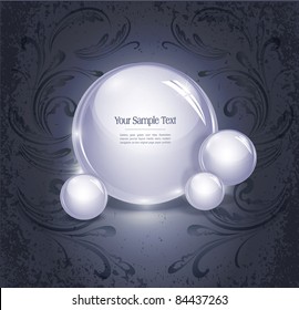 vector abstract background with glowing, glass balls on a vintage, grunge background with a pattern
