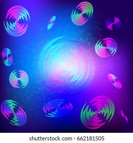 a vector abstract background with glowing iridescent discs and the multitude of small dotted multicolored ellipses on a lightning dark blue backdrop.