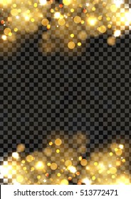 Vector abstract background with gold sparkles. Shiny defocused gold transparent bokeh lights on dark background. Festive gold background for card, flyer, invitation, placard, voucher.