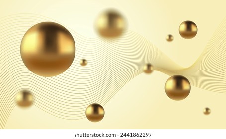 Fondo abstracto del vector con las bolas metálicas doradas. Fondo vectorial de moda en estilo realista con bolas de oro.