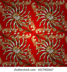 Vector abstract background with golden repeating elements on a red and yellow colors. Seamless oriental classic golden pattern.