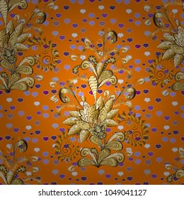 Vector abstract background with golden repeating elements on a orange, beige and brown colors. Seamless oriental classic golden pattern.