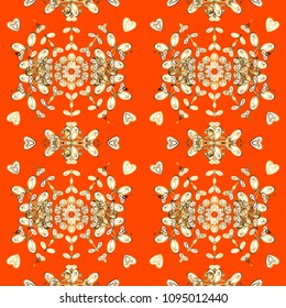 Vector abstract background with golden repeating elements on a orange, white and brown colors. Seamless oriental classic golden pattern.