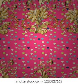 Vector abstract background with golden repeating elements on a yellow, brown and pink colors. Seamless oriental classic golden pattern.