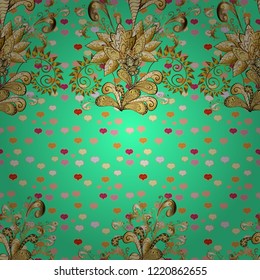 Vector abstract background with golden repeating elements on a beige, brown and green colors. Seamless oriental classic golden pattern.