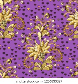 Vector abstract background with golden repeating elements on a brown and violet colors. Seamless oriental classic golden pattern.