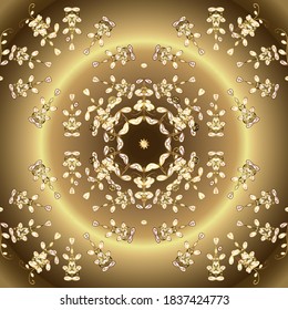 Abstrakter Vektorhintergrund mit goldenen, sich wiederholenden Elementen auf braunen und beigen Farben. Nahtloses orientalisches klassisches goldenes Muster.