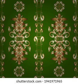 Vector abstract background with golden repeating elements on a brown, green and beige colors. Seamless oriental classic golden pattern.