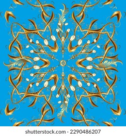 Vector abstract background with golden repeating elements on a yellow, brown and blue colors. Seamless oriental classic golden pattern.