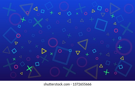 Vector abstract background. Gradient of shades of blue. On the artboard there are circles, squares, trogolniki, crosses. Laid out as a gamepad, the colors of the elements are blue, yellow, green, red.