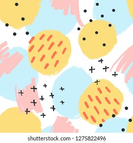 Vector Abstract background with hand drawn textures, memphis style. Universal card, pastel colors. Retro design, fashion art. Vector illustration