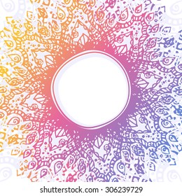 Vector abstract background with hand drawn round rainbow ornamental frame. Vintage circular ornament.