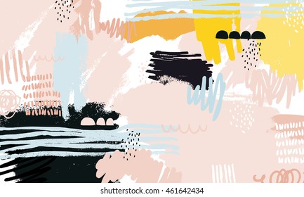 Vector Abstract background with hand drawn textures, memphis style. Universal card, pastel colors. Retro design, fashion art
