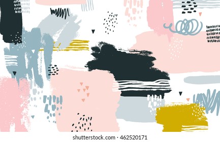 Fundo abstrato vetor com texturas desenhadas à mão, estilo memphis. Cartão universal, cores pastel. Design retro, arte da moda