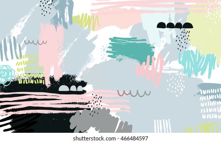 Vector Abstract background with hand drawn textures, memphis style. Universal card, pastel colors. Retro design, fashion art