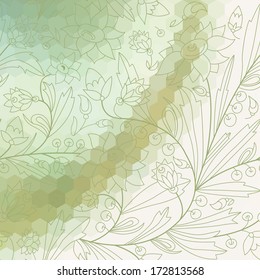 vector abstract  background with hexagon and floral ornament. A mosaic effect. Green contour stroke